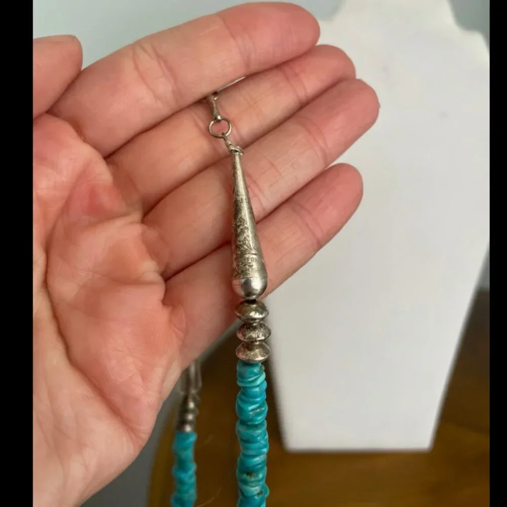 Turquoise Stacked Stone Chip Heishi Necklace w/ Sterling Silver Chain Clasp - Picture 2 of 4